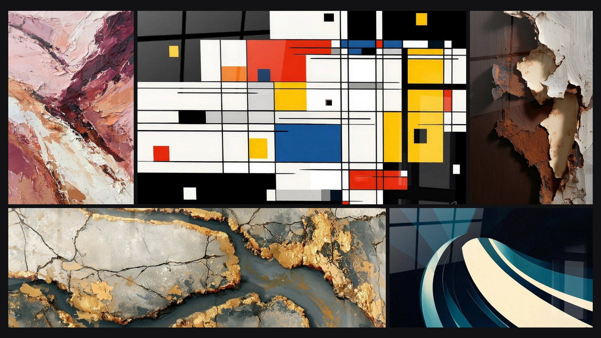 Mosaic of five paintings, including Colorful geometric composition, Golden Veined Marble and Modern Spiral Wave