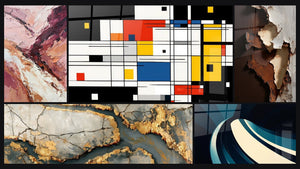 Mosaico de cinco cuadros, entre ellos Composición geométrica colorida y Mármol Dorado con Grietas Antracita