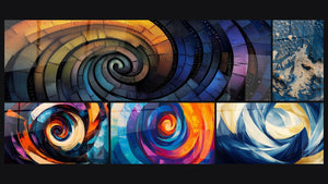 Mosaico de cinco cuadros, entre ellos Espiral colorido cósmico, Kaleidoscope Giratorio y Movimiento Perpetuo