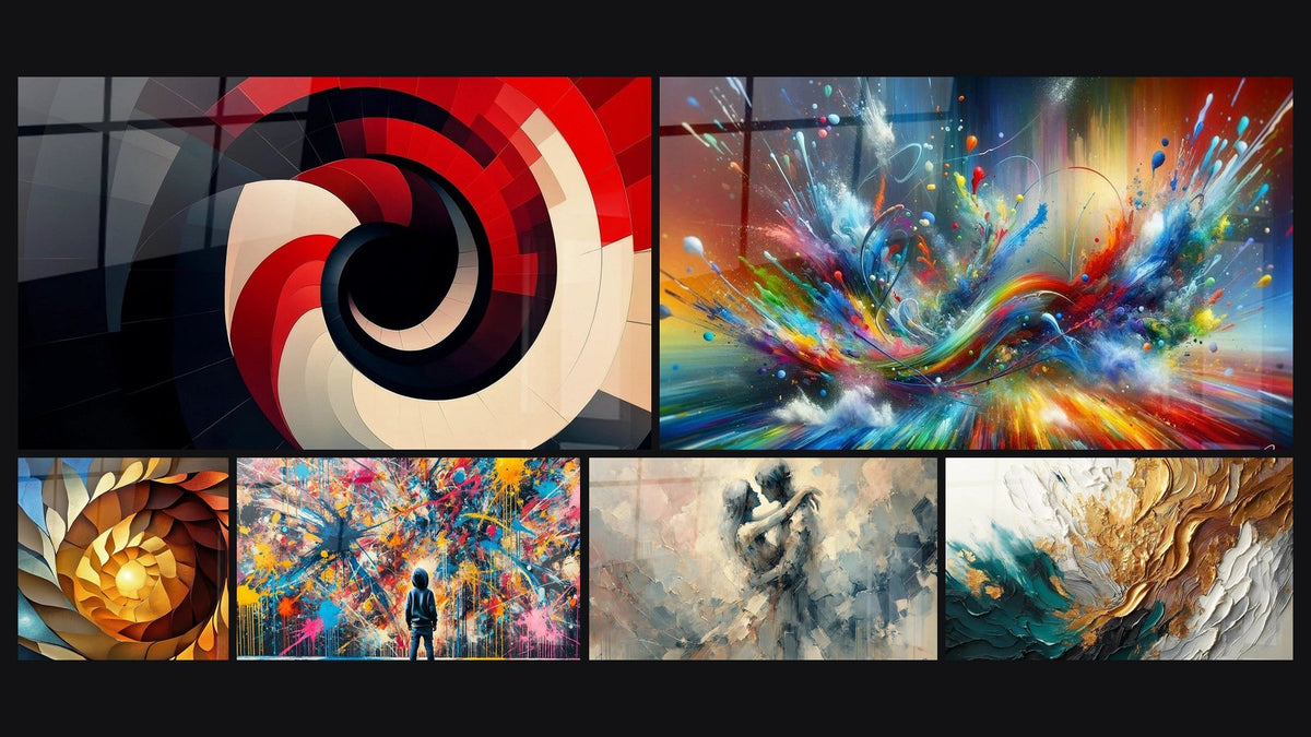 Mosaico di sei quadri, tra cui A spirale geometrica rossa, A spirale dorata tridimensionale e Schizzi di Pittura