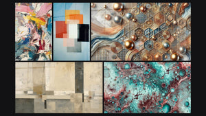 Mosaico de cinco cuadros, entre ellos Explosión de colores y Composición geométrica beige y gris