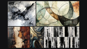 Mosaïque de cinq tableaux, dont Les Liens Invisibles et Ondulations Opulentes