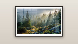 Tableau encadré sur un mur : Forêt brumeuse rayons soleil