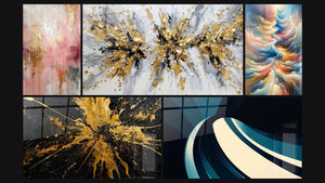 Mosaïque de cinq tableaux, dont Explosion dorée et grise sur fond blanc et Résonance des Teintes Célestes