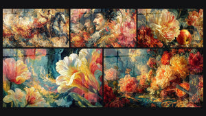 Mosaïque de cinq tableaux, dont Cavalier Conquête Flamboyante, Fleurs Danse Pétales et Nobles Rêverie Somptueuse