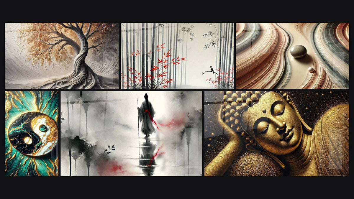 Mosaico de seis cuadros, entre ellos Aliento de la Tierra, Equilibrio y Luz a Través de los Bambúes