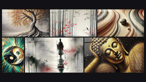Mosaico de seis cuadros, entre ellos Aliento de la Tierra, Equilibrio y Luz a Través de los Bambúes