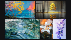 Mosaico de cinco cuadros, entre ellos Paisaje Volcánico Tropical, Agua cristalina y Lirio N°2