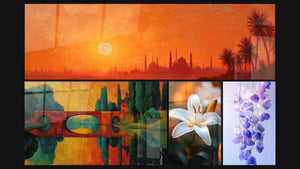 Mosaico de cuatro cuadros, entre ellos Puesta de sol Estambul, Puente de campo y Lirio N°2