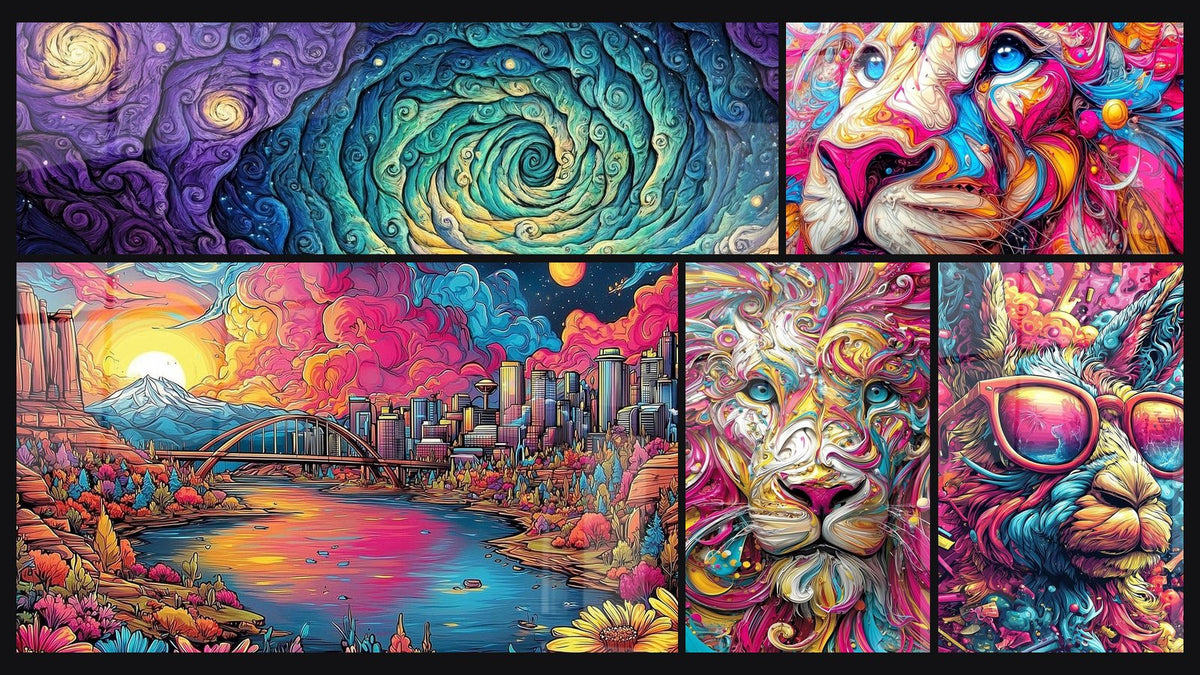 Mosaico di cinque quadri, tra cui A spirale cosmica colorata, Paesaggio urbano fantastico e Leone psichedelico di