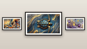 Galerijwand met drie ingelijste schilderijen, waaronder Ocean Guardian en Wanddecoratie Wilde Vlam