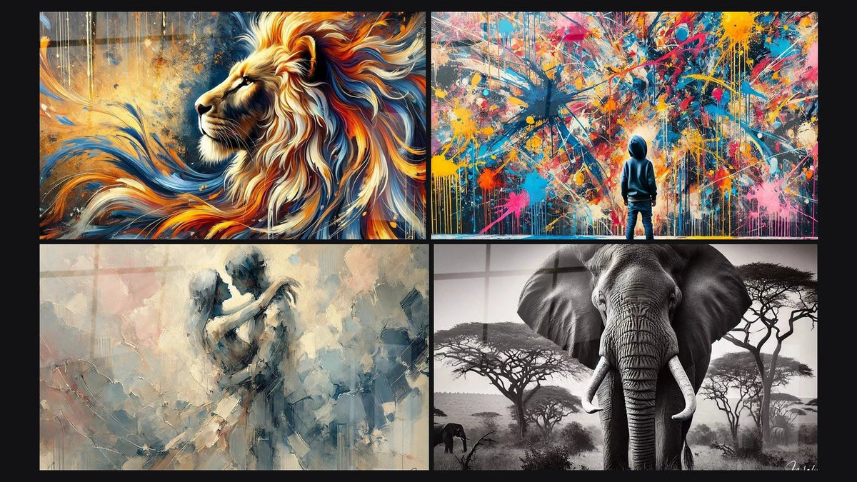 Mosaico de cuatro cuadros, entre ellos Llama Salvaje, Explosiones y Entre Nosotros