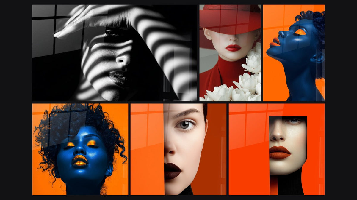 Mosaïque de six tableaux, dont Femme Ombres Striées, Visage bleu et fond orange vif et Visage féminin orange et noir découpé
