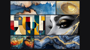 Mosaico de seis cuadros, entre ellos Abstracto azul y beige, Ola dorada túnel y Formas geométricas de colores