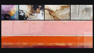 Mosaico de cinco cuadros, entre ellos Explosión de colores abstracta y Abstracto texturizado blanco negro bronce