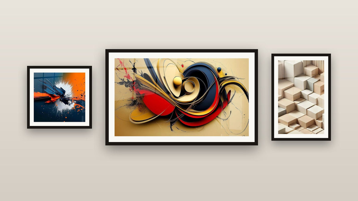 Gallery wall with three framed paintings: Dynamic Abstract, Abstract Explosion and Minimalism Sculpted