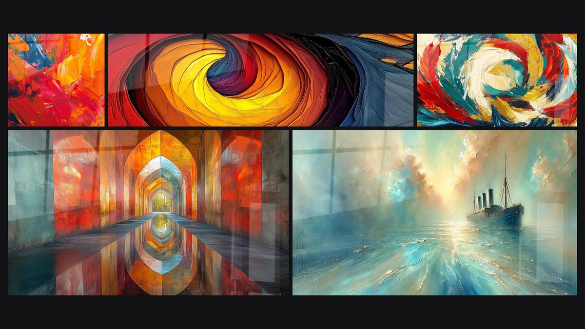 Mosaic of five paintings, including Warm Color Explosion, Spiral Whirlwind Fire and Water and Arched Iridescent Vermillion