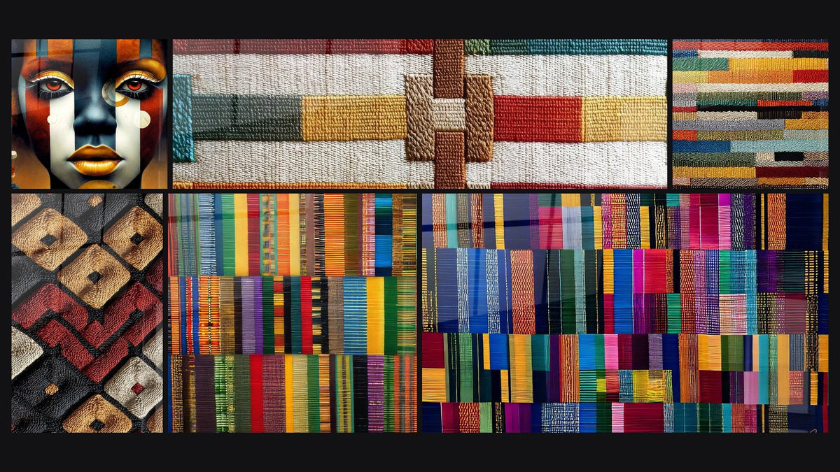 Mosaico di sei quadri, tra cui Volto dipinto Invocazione spirituale, Motivi geometrici a scacchi e Tappeto patchwork colorato