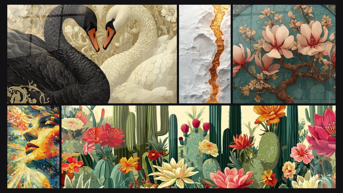 Mosaïque de cinq tableaux, dont Cygnes Art Déco, Faille dorée serpentine sur relief blanc et Visage Femme Palette Vibrante