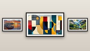Galerijwand met drie ingelijste schilderijen, waaronder Abstracte geometrische vormen en Eden Groen met Duizend Watervallen