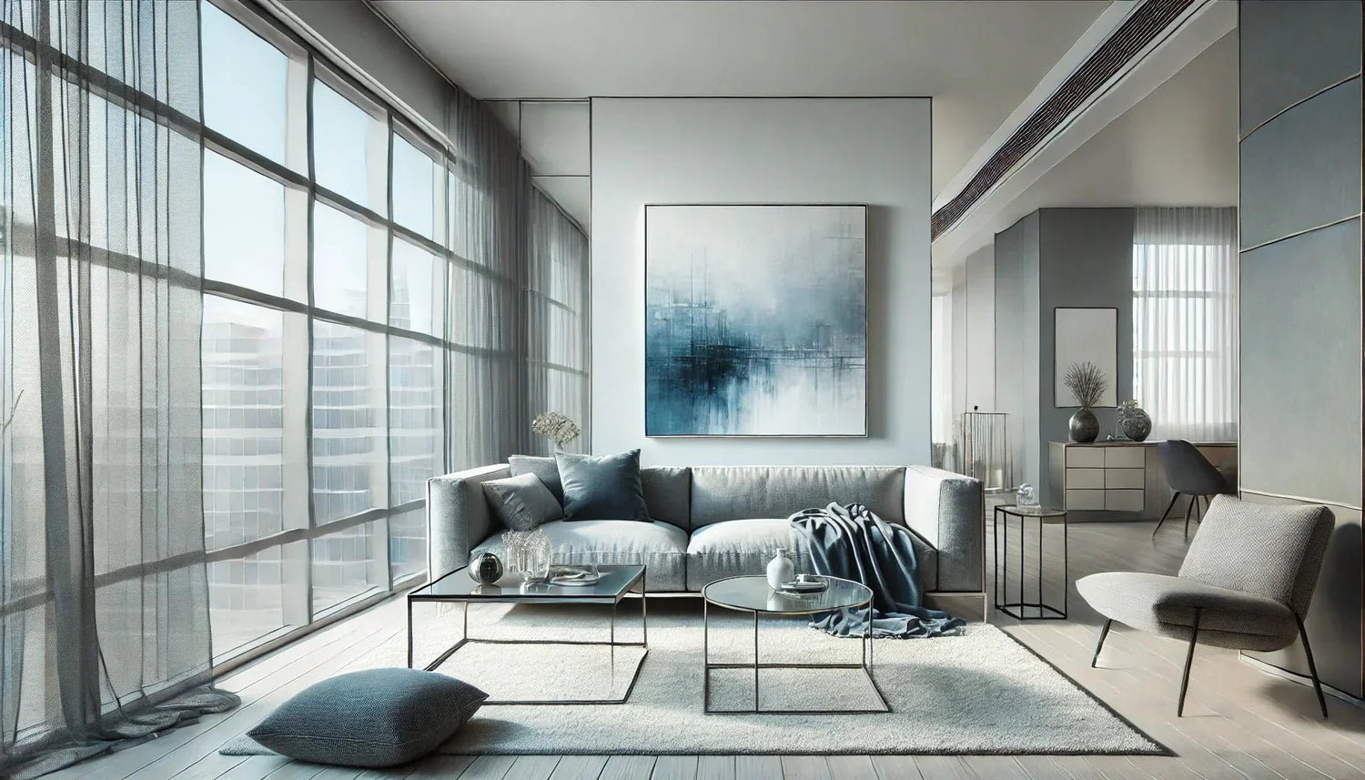 Tableau d’art abstrait moderne bleu accroché dans un intérieur contemporain minimaliste, illuminé par une lumière naturelle, mettant en valeur ses nuances de bleu et son impact visuel dynamique.