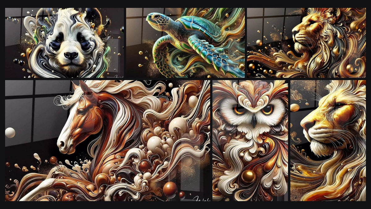 Mosaïque de six tableaux, dont Fluidité Zen, Flots de Jade et Élégance Impériale