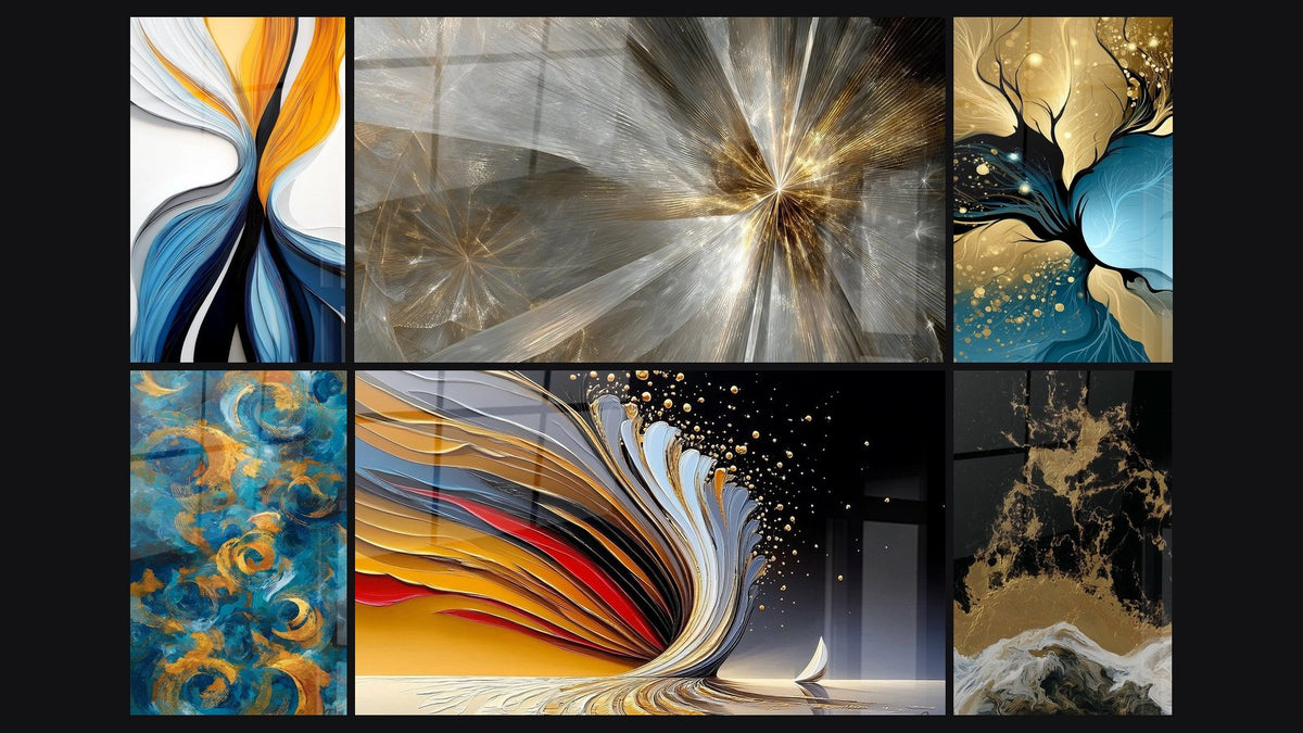 Mosaic of six paintings, including Dynamic Colored Flows, Golden Swirls and Golden Luminous Rays