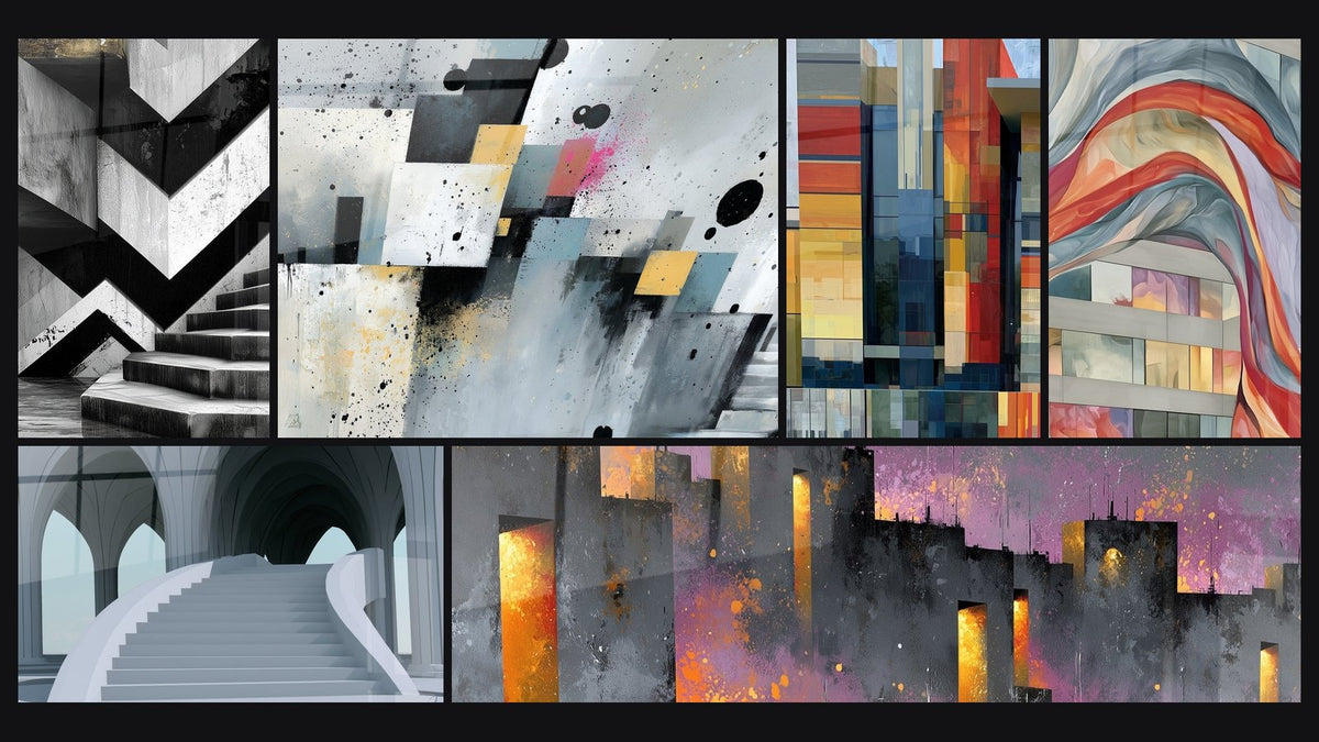 Mosaic of six paintings, including White Staircase and Gray Vaults Gothic and Urban Silhouette Anthracite and Gold