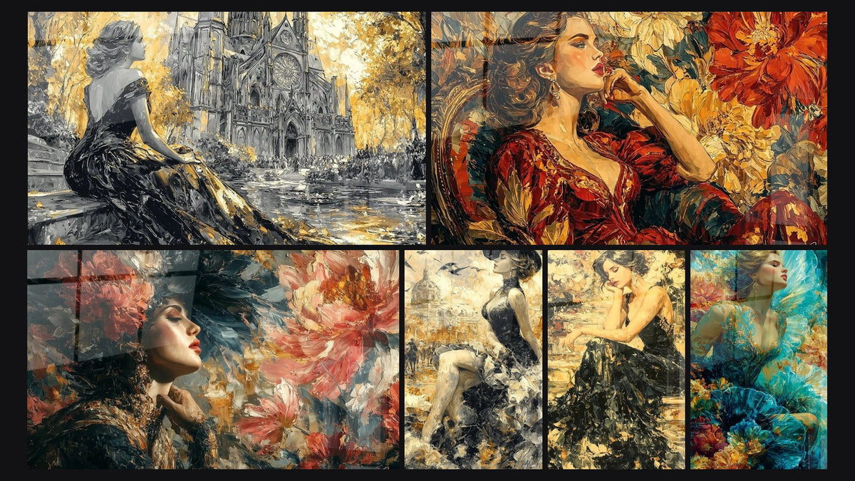 Mosaico di sei quadri, tra cui Donna Grazia Tenebrosa, Donna Bellezza Maledetta e Donna Bellezza Tragica