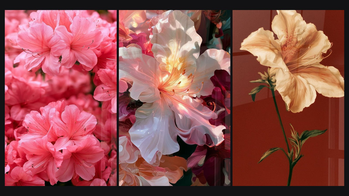 Mosaico de tres cuadros, entre ellos Flores rosa coral con estambres finos y Flor blanca con pétalos luminosos