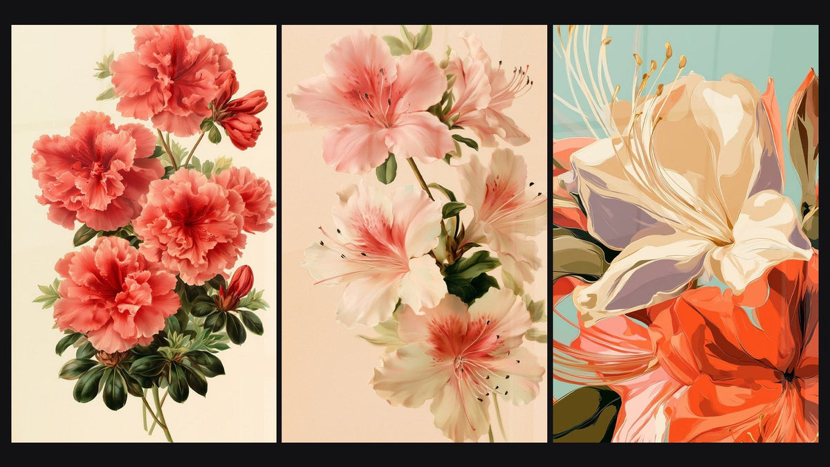 Mosaic of three paintings, including Pink and Ivory Flowers with Black Anthers