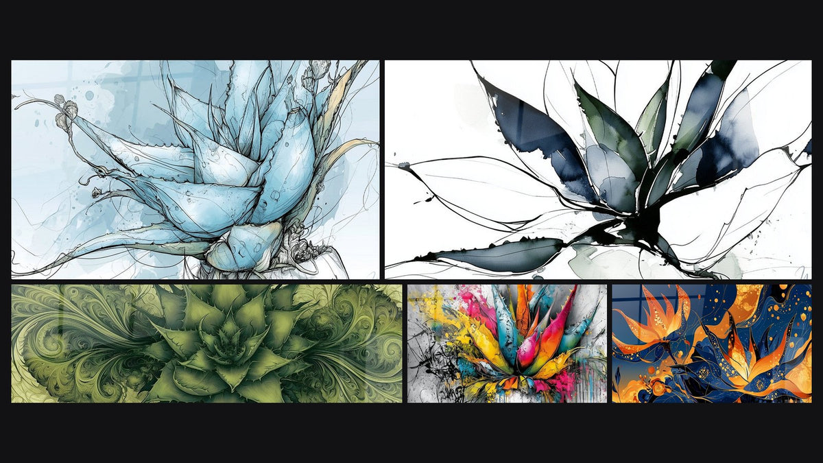 Mosaïque de cinq tableaux, dont Aloe vera bleu pastel et beige esquissé et Aloe vera vert olive à volutes symétriques