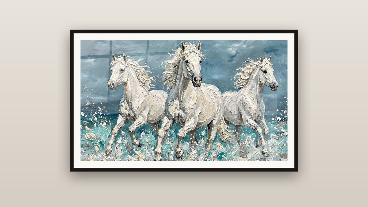 Tableau encadré sur un mur : Chevaux Blancs