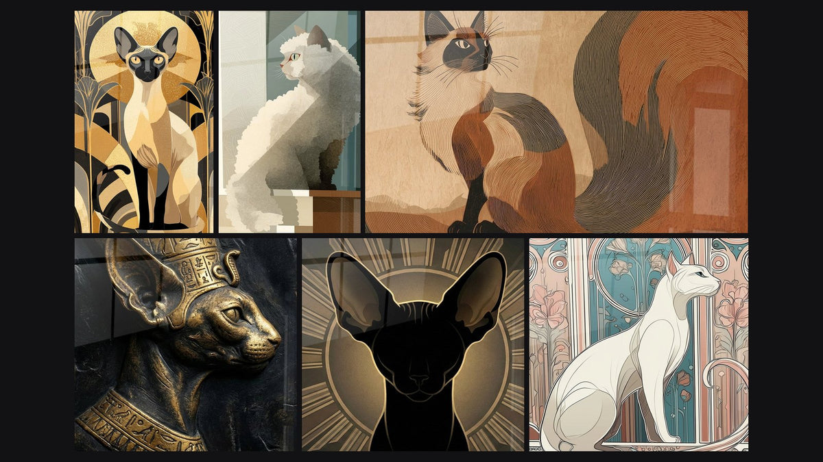 Mosaic of six paintings, including Siamese Cat Art Deco, Egyptian Cat Bastet Golden and Black Cat Art Deco