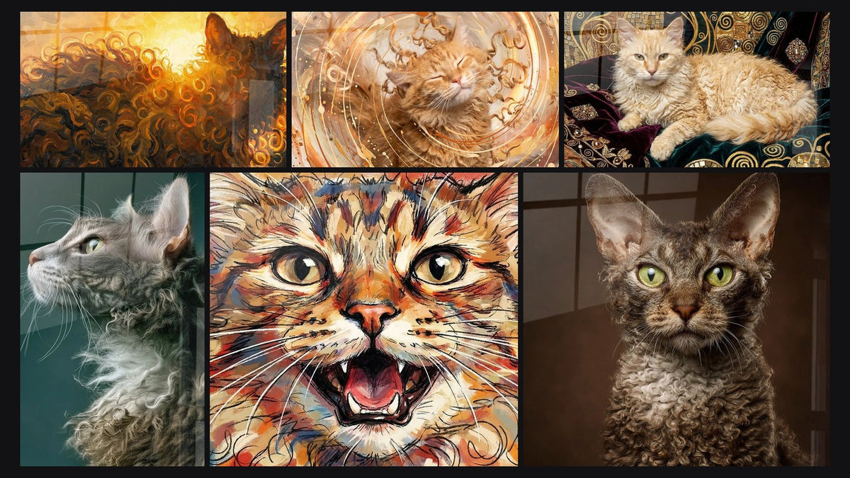 Mosaïque de six tableaux, dont Chat LaPerm Lumineux, Chat Laperm Tourbillon Doré et Chat LaPerm Doré sur Tissus Précieux