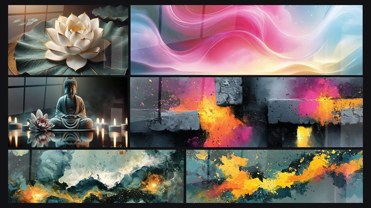 Mosaic of six paintings, including Sacred Purity, Peaceful Meditation and Northern Lights Pink and Blue Starry