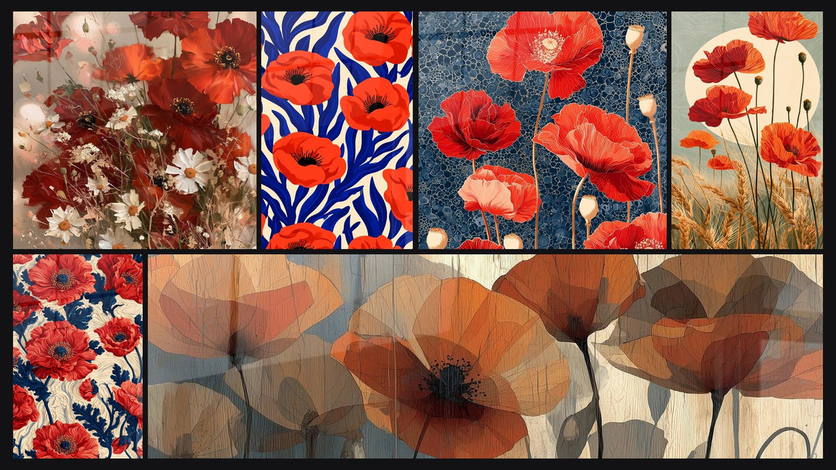 Mosaïque de six tableaux, dont Bouquet champêtre rouge et blanc lumineux et Coquelicots rouge et bleu marine détaillés