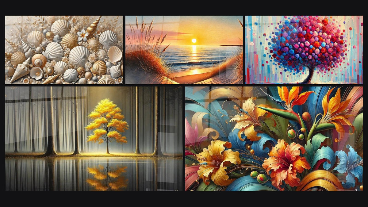 Mosaic of five paintings, including Jewels of the Sands, When the Day Falls Asleep and Eternal Tranquility