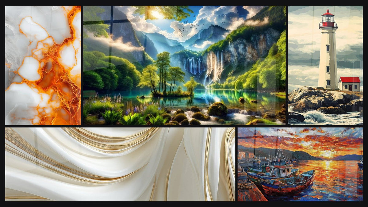 Mosaïque de cinq tableaux, dont Veines Orange et Blanches sur Fond Gris, Éden Vert aux Mille Cascades et Port N°3