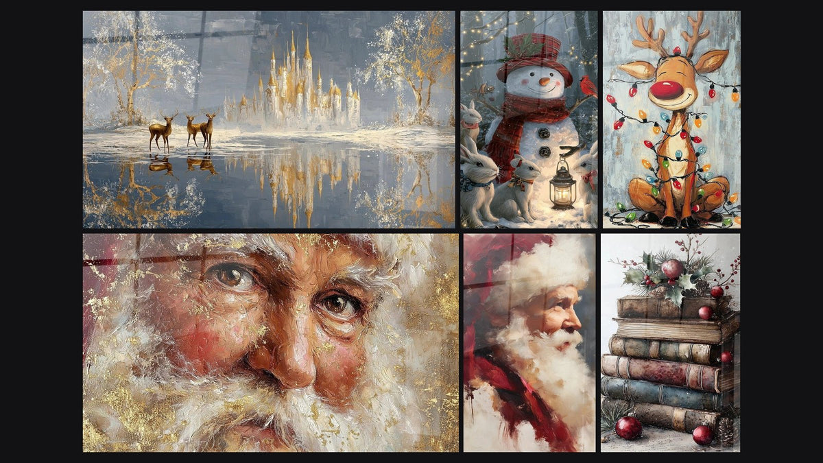 Mosaïque de six tableaux, dont Château Miroir des neiges éternelles et Père Noël Sagesse des neiges d'antan