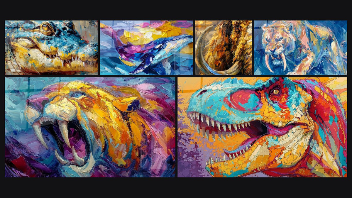 Mosaik aus sechs Gemälden, darunter Smilodon Brüllend, Farbenfroher T-Rex-Kunstdruck und Mammut mit gekrümmten Stoßzähnen