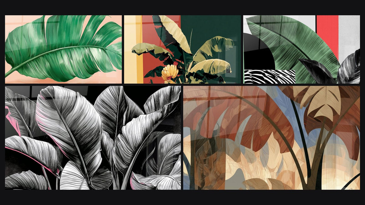 Mosaïque de cinq tableaux, dont Feuille tropicale verte sur fond pêche