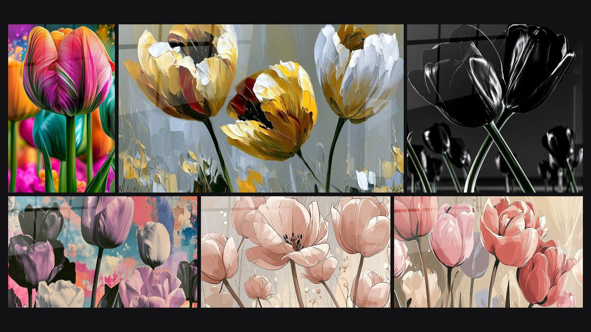 Mosaïque de six tableaux, dont Tulipes noires aux tiges entrelacées et Tulipes roses et beiges aux tiges élancées