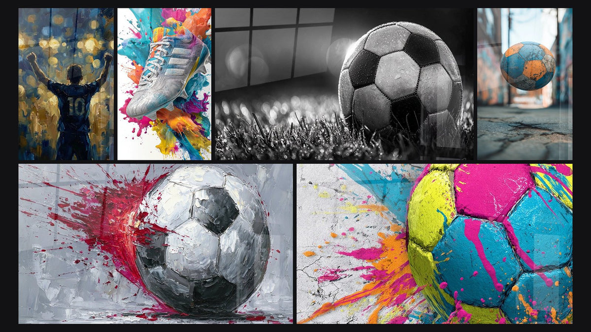 Mosaico de seis cuadros, entre ellos Futbolista Victoria, Zapatilla de Fútbol y Balón de Fútbol sobre Terreno