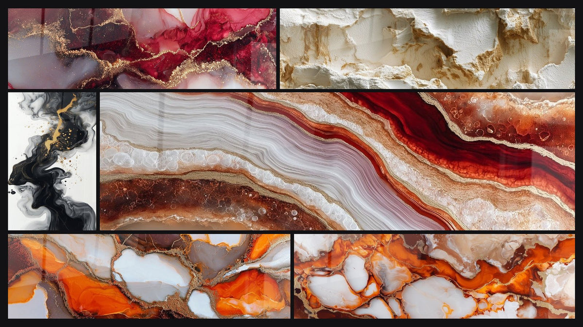 Mosaic of six paintings, including Eroded White Texture with Sculpted Reliefs and In orange and white hues with golden veins