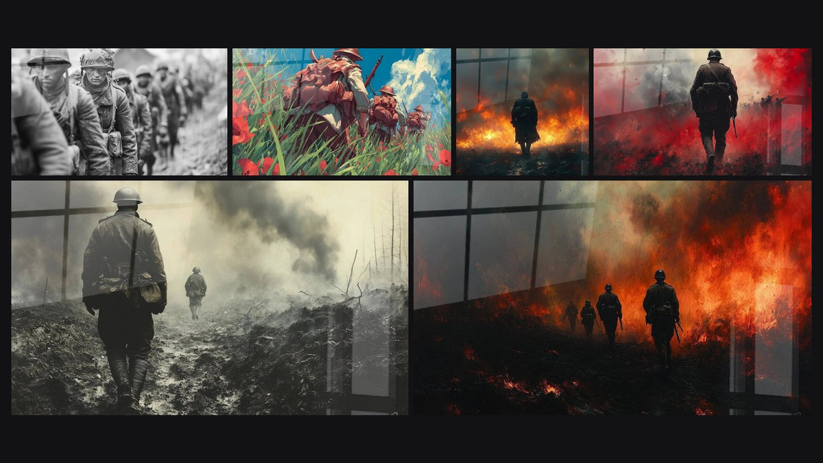 Mosaïque de six tableaux, dont Soldats Frères d'Armes, Soldats Herbes Tremblantes et Soldat Fumée Tragique