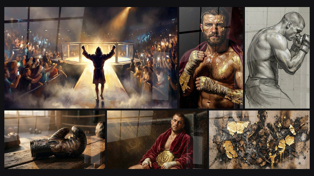 Mosaico di sei quadri, tra cui Combattimento MMA, Guanti da Boxe Vintage e Campione di MMA Combattente