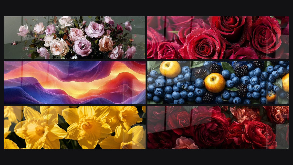 Mosaïque de six tableaux, dont Roses roses et crème en vase sombre et Roses rouges et bordeaux en bouquet serré