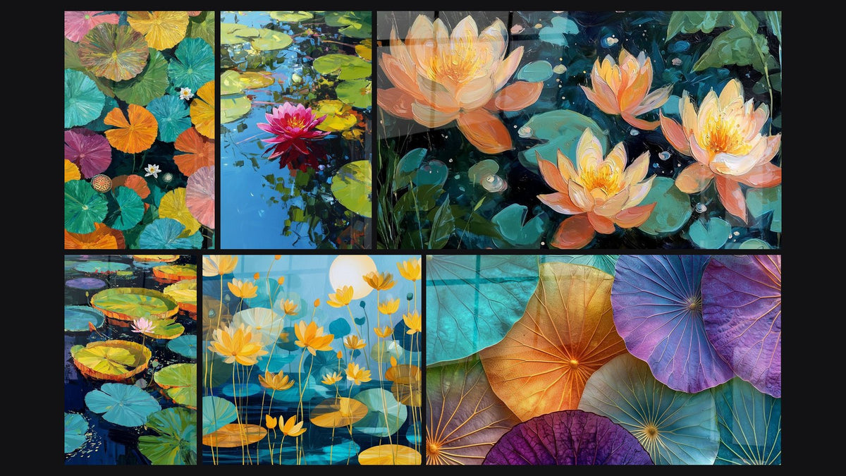 Mosaïque de six tableaux, dont Nénuphars Dorés sur Fond Bleu Turquoise