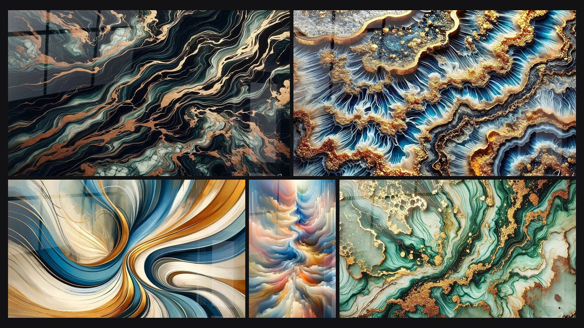 Mosaico de cinco cuadros, entre ellos Flujo Aurífero, Marea Dorada y Espirales Elegantes